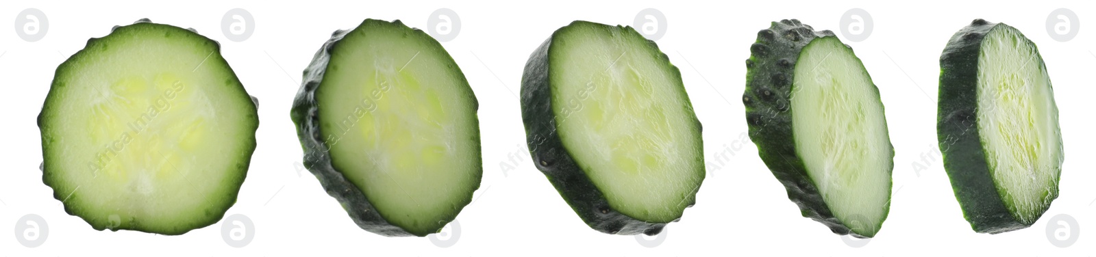 Image of Fresh cucumber slices on white background, banner design 