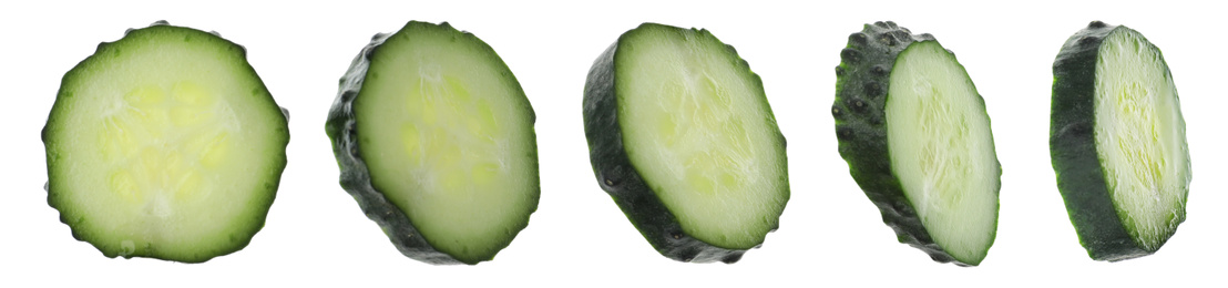 Fresh cucumber slices on white background, banner design 