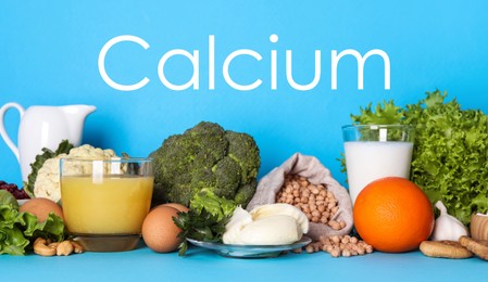Image of Different fresh products with high amounts of easily absorbable calcium on turquoise background
