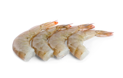 Photo of Fresh raw shrimps isolated on white. Healthy seafood