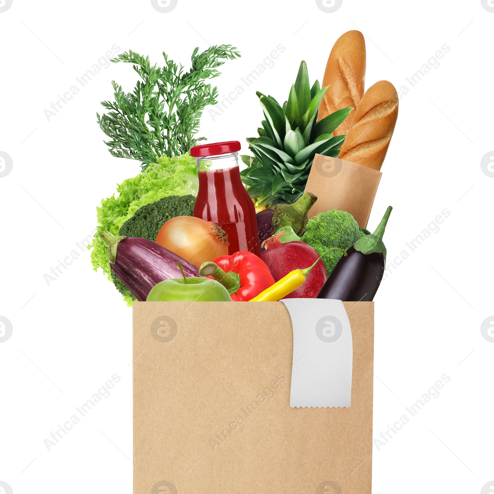 Image of Paper bag with different products and receipt isolated on white