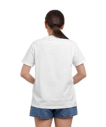 Photo of Woman in stylish t-shirt on white background, back view