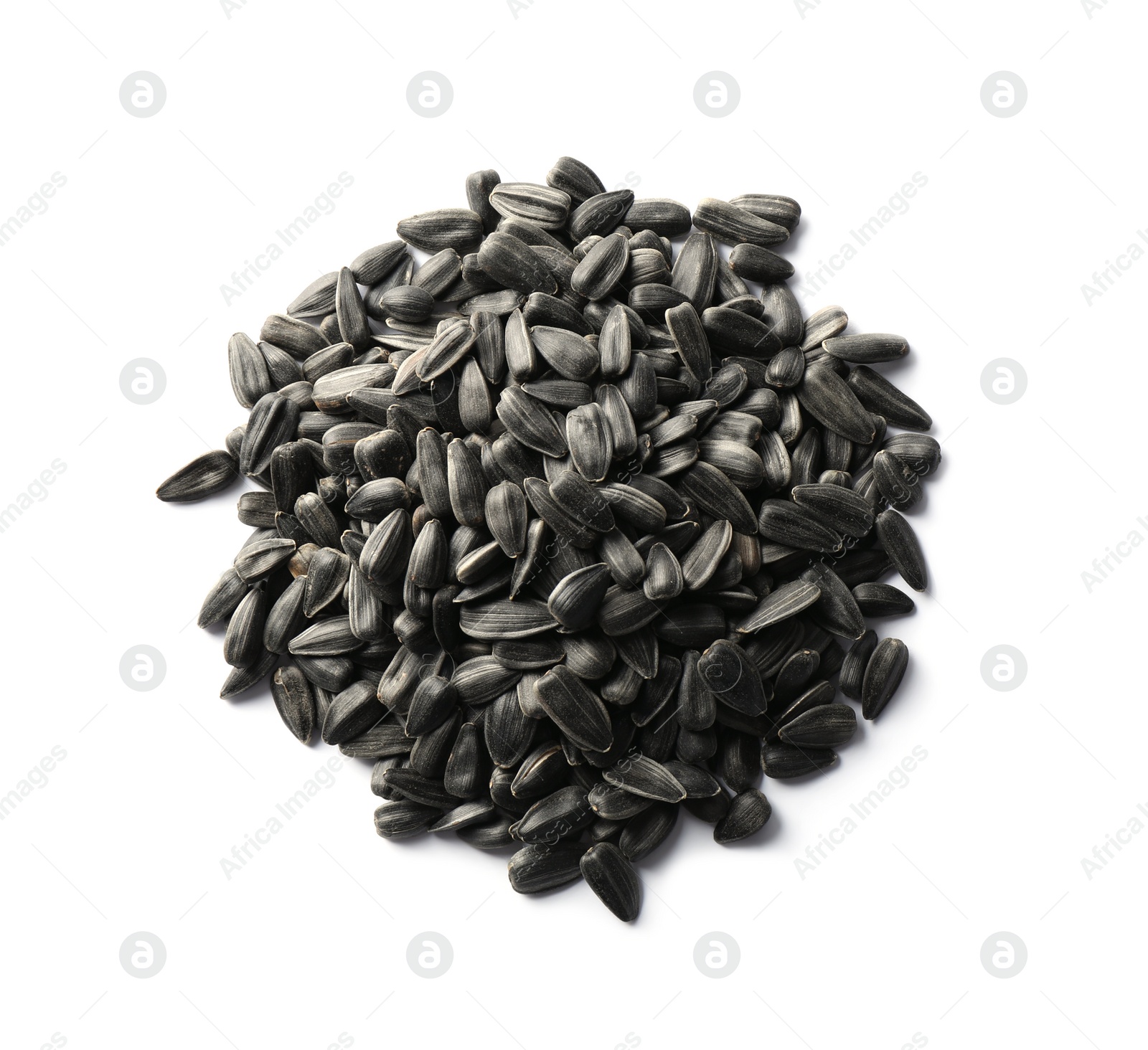 Photo of Heap of sunflower seeds isolated on white, top view