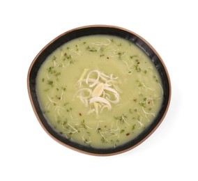 Photo of Bowl of delicious leek soup isolated on white, top view
