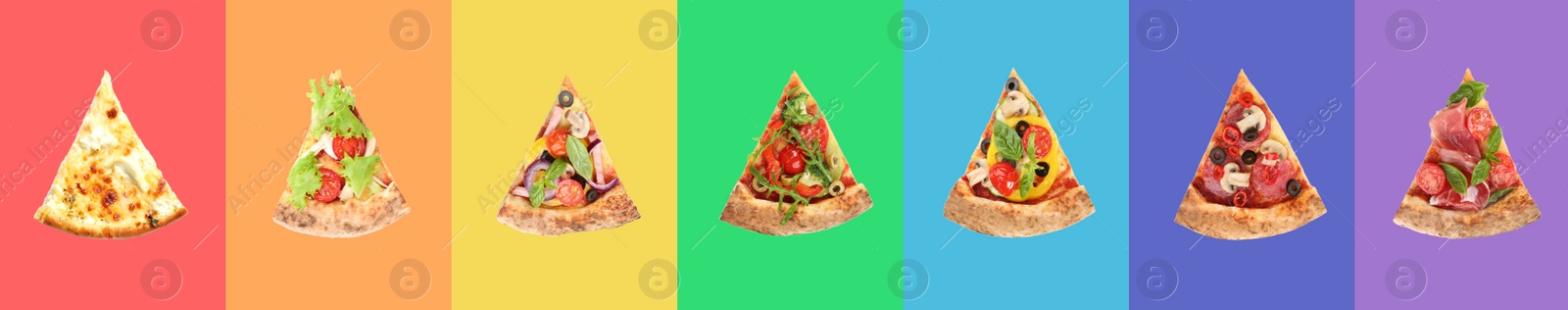 Image of Set with slices of delicious pizzas on different color backgrounds, top view. Banner design