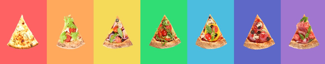 Image of Set with slices of delicious pizzas on different color backgrounds, top view. Banner design