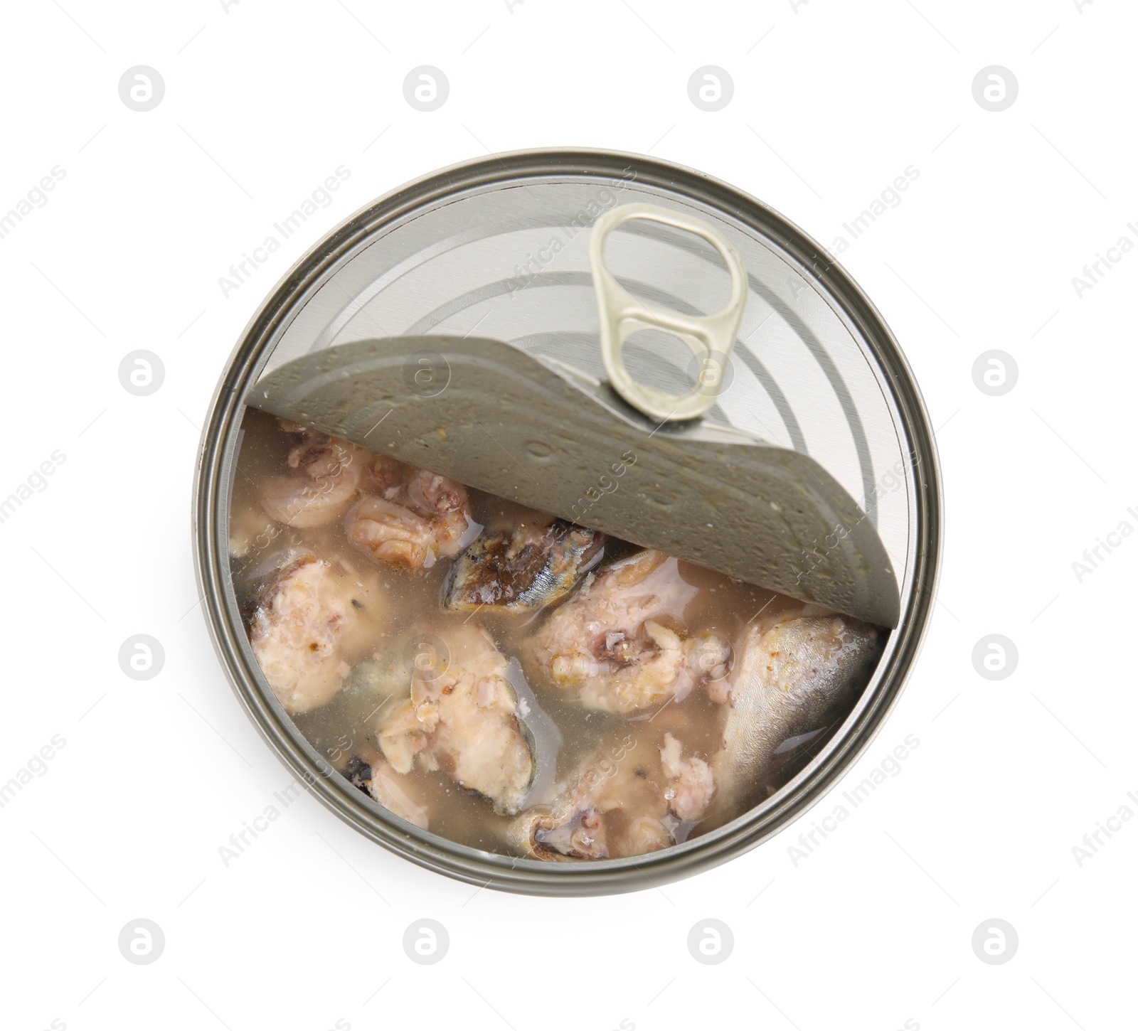 Photo of Open tin can with mackerel chunks isolated on white , top view