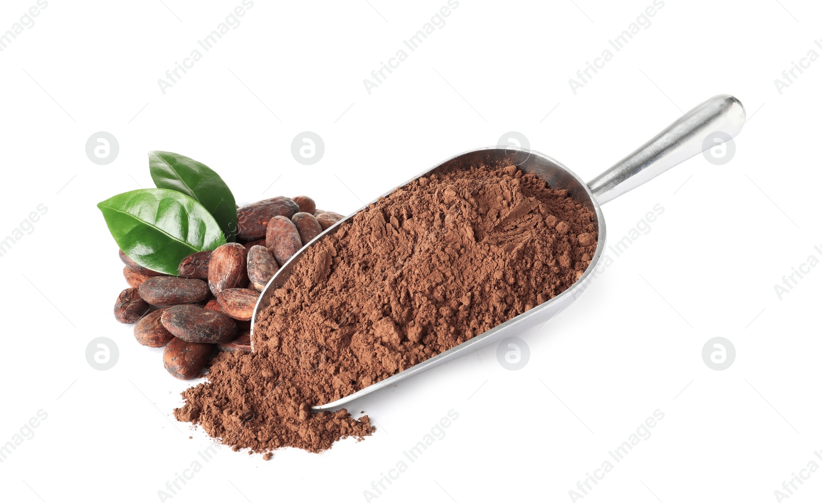 Photo of Composition with cocoa beans and powder on white background