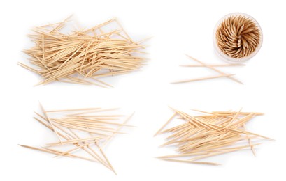 Image of Set with wooden toothpicks on white background 