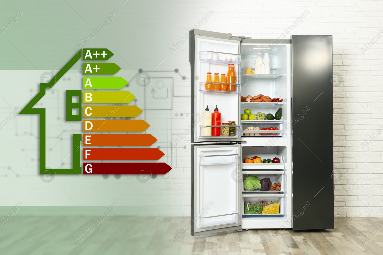 Image of Energy efficiency rating label and open refrigerator indoors