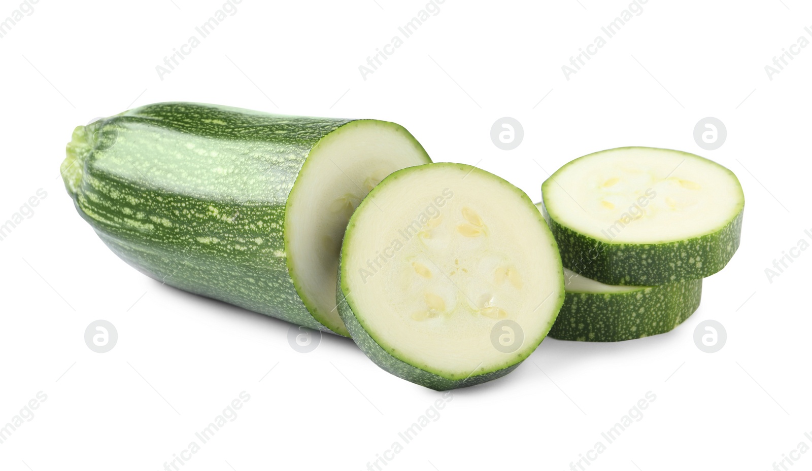 Photo of Cut green ripe zucchini isolated on white