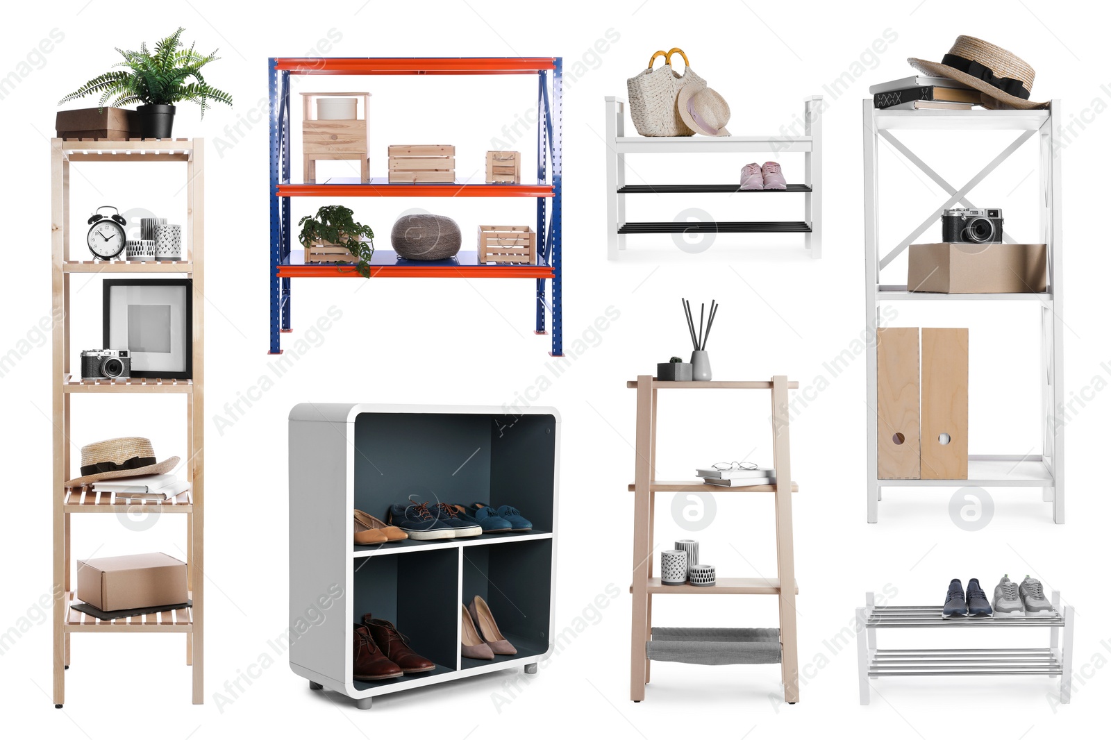 Image of Set with wooden shelving units and different items on white background