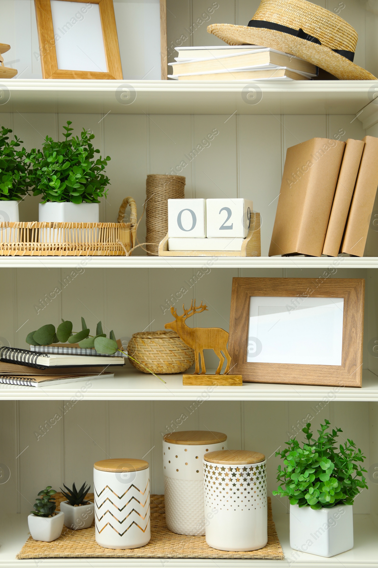 Photo of White shelving unit with different decorative elements