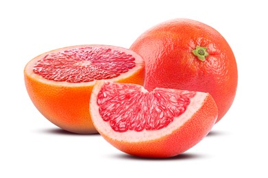 Image of Fresh whole and cut grapefruits isolated on white