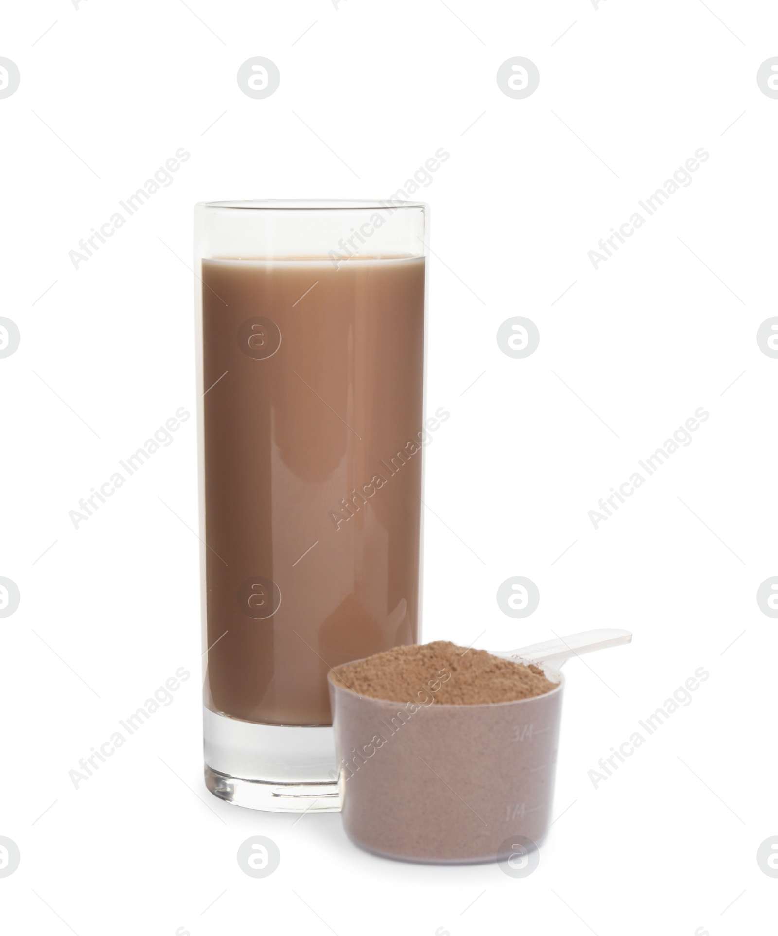 Photo of Protein shake and powder isolated on white