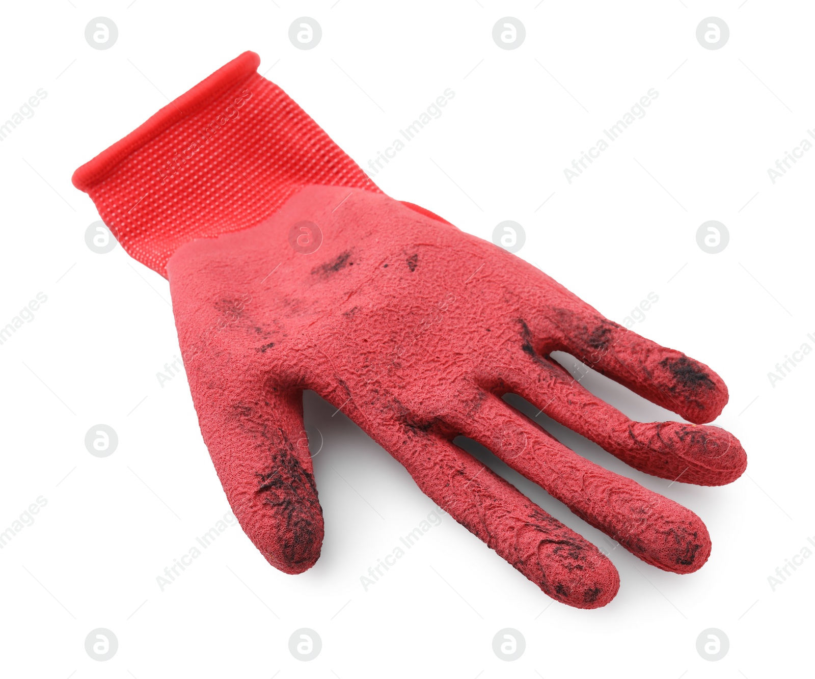 Photo of One red gardening glove isolated on white