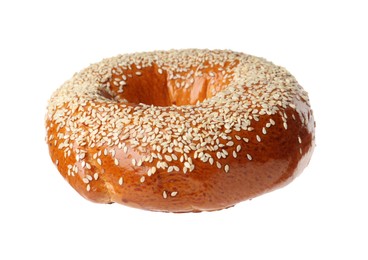 Delicious fresh bagel with sesame seeds isolated on white