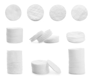 Image of Set with soft cotton pads on white background