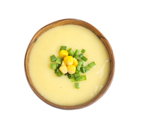 Photo of Delicious corn cream soup isolated on white, top view