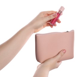 Photo of Woman with cosmetic bag and lipstick isolated on white, closeup