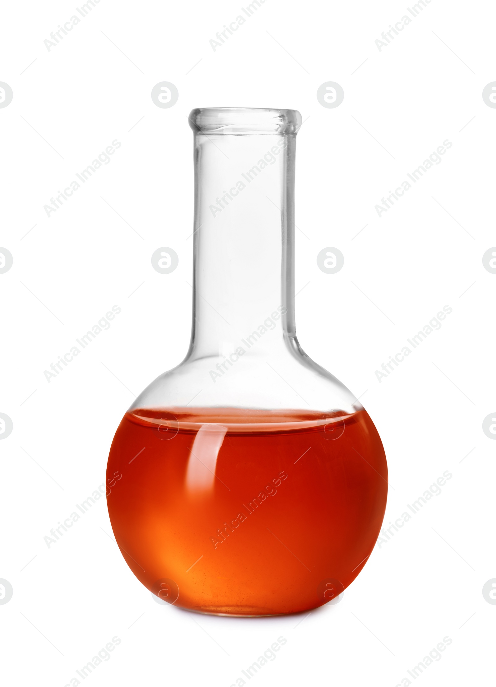 Photo of Round bottom flask with brown liquid isolated on white