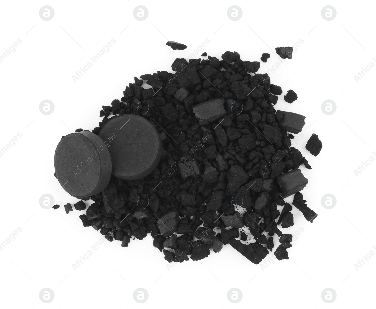 Photo of Activated charcoal on white background, top view. Potent sorbent