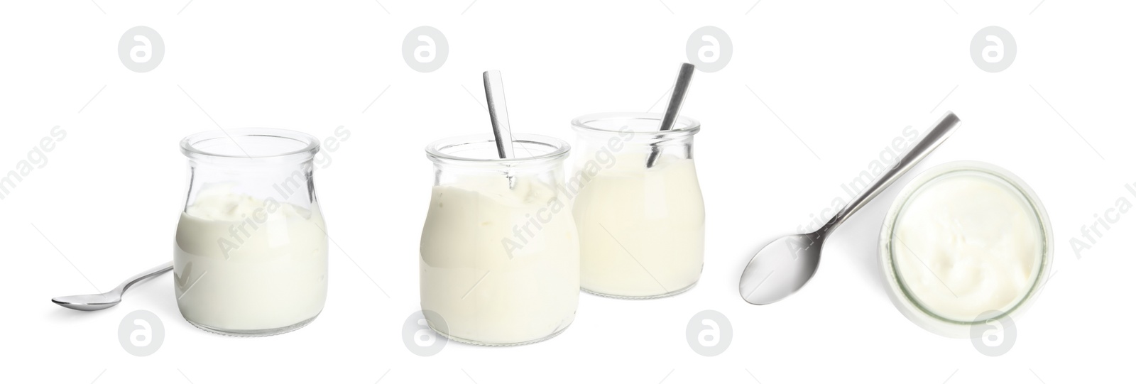 Image of Set of delicious natural yogurt in glass jars with spoons on white background. Banner design