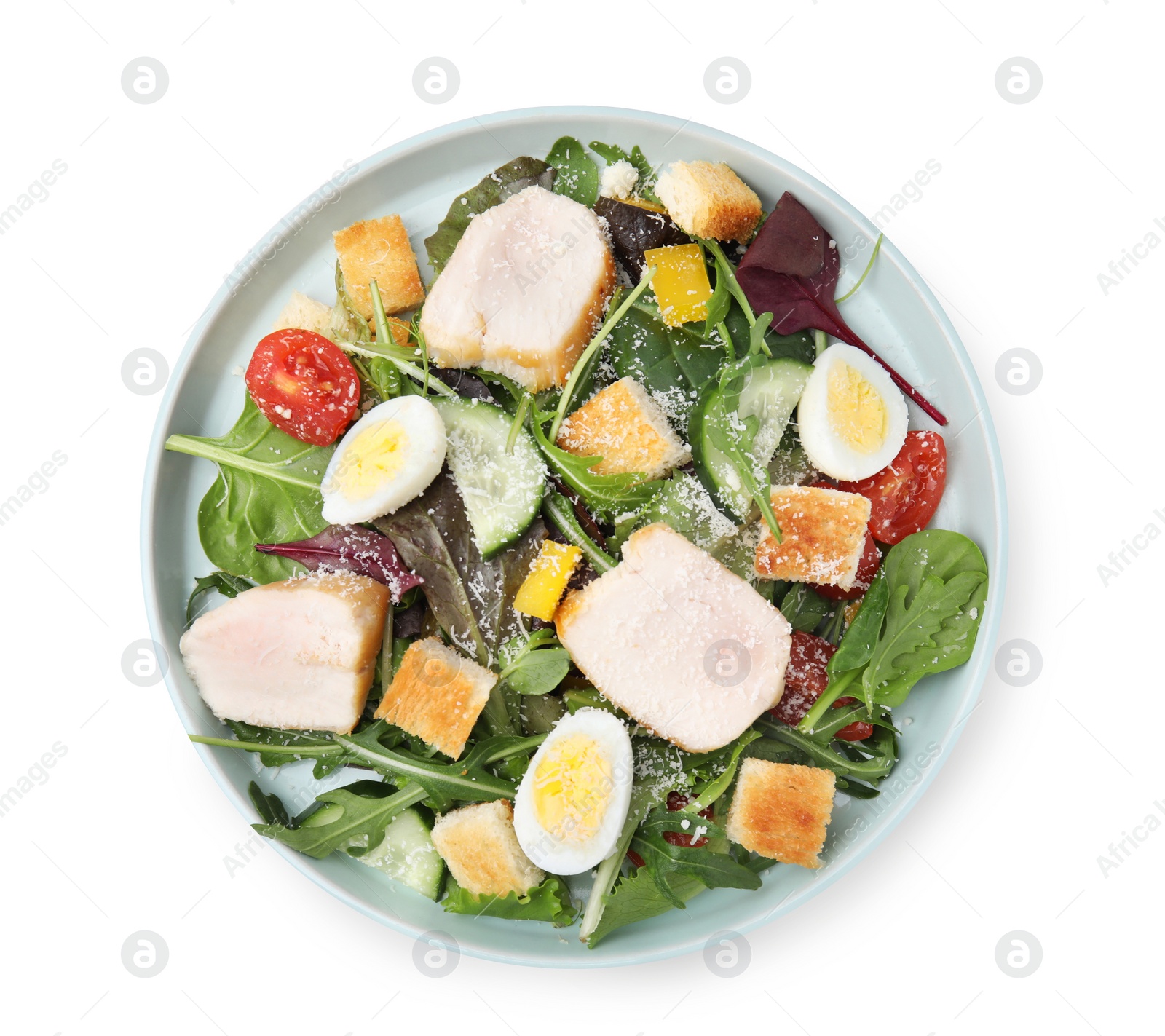 Photo of Delicious salad with croutons, chicken and eggs isolated on white, top view