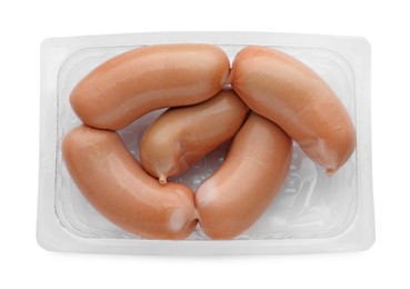 Photo of Plastic container with sausages isolated on white, top view. Meat product