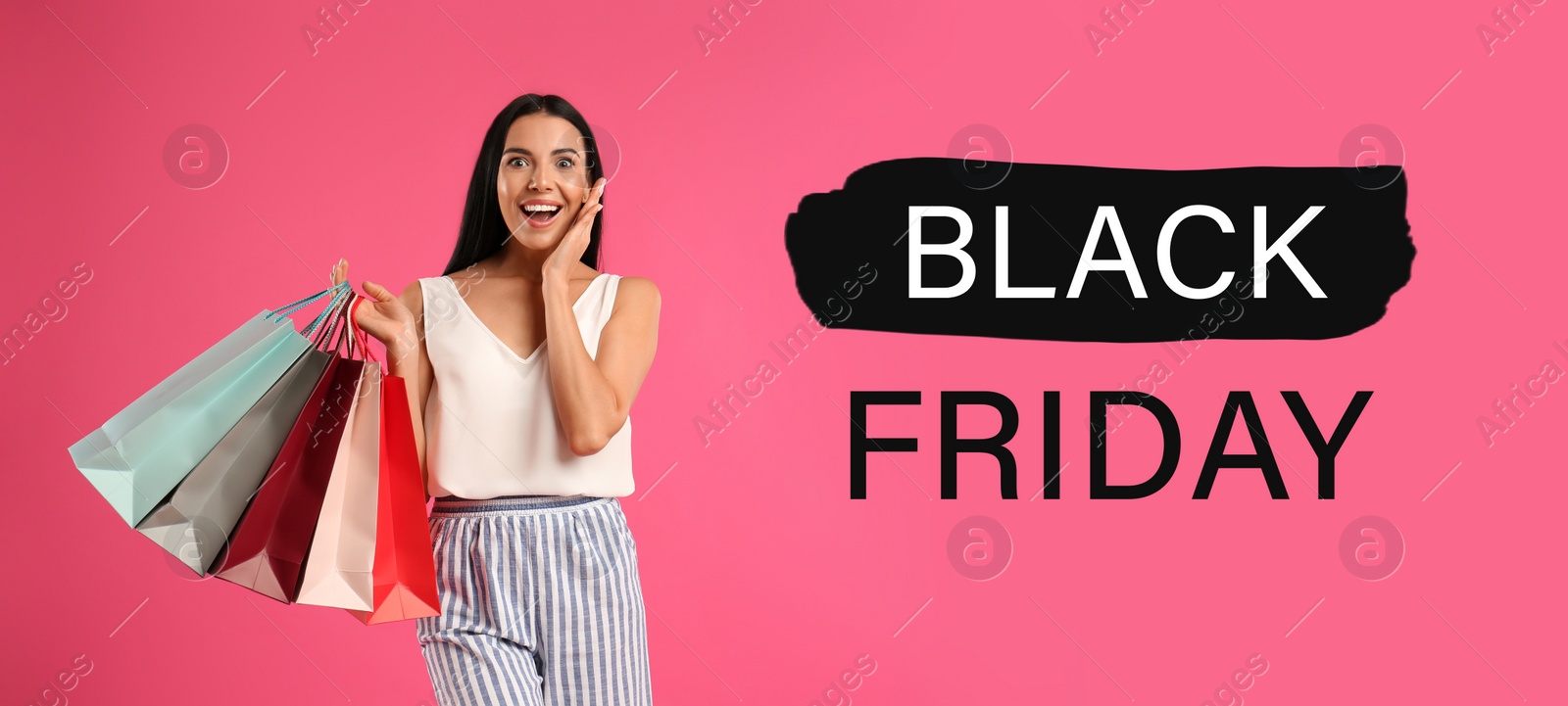 Image of Black Friday Sale. Beautiful young woman with shopping bags on pink background, banner design