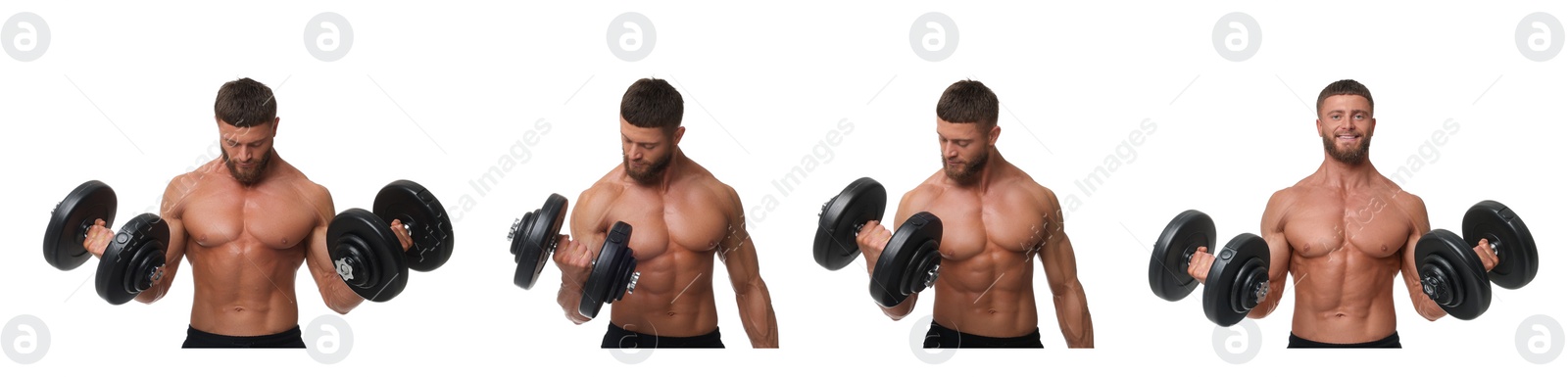 Image of Handsome bodybuilder training on white background, set of photos