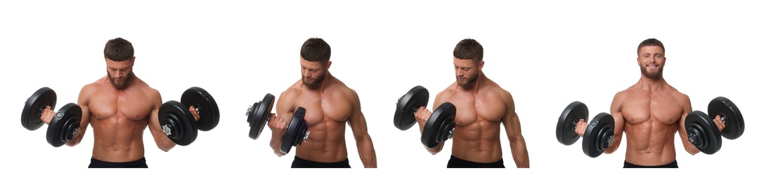 Image of Handsome bodybuilder training on white background, set of photos