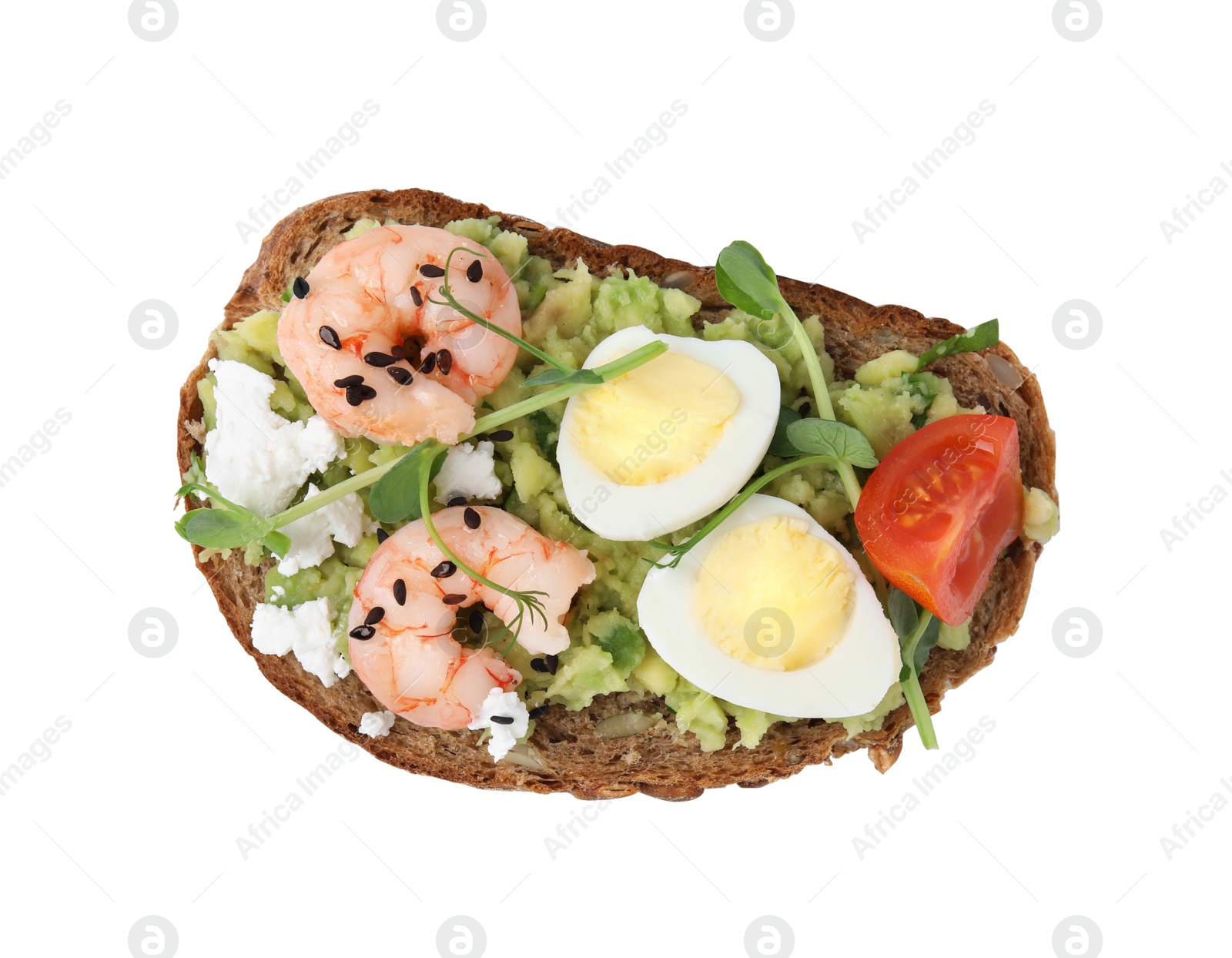 Photo of Delicious sandwich with guacamole, shrimps and eggs on white background, top view