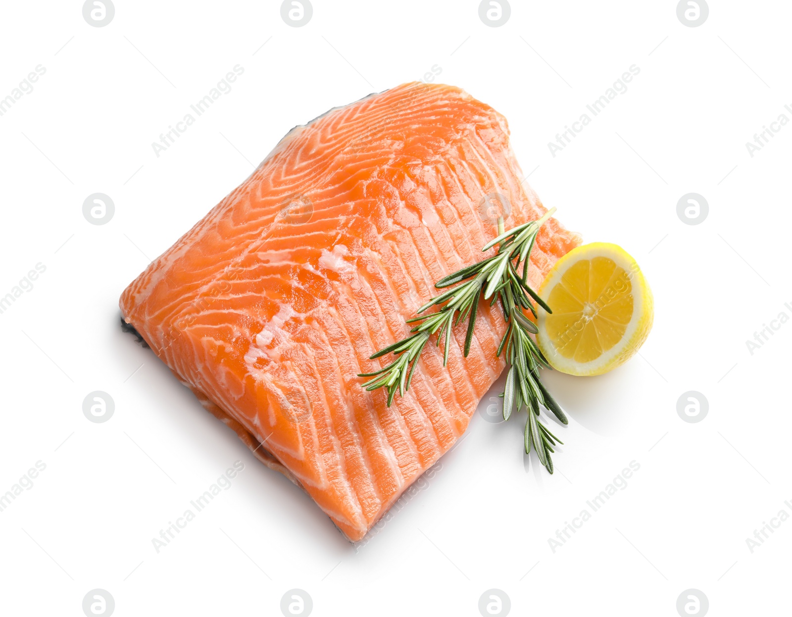 Photo of Raw salmon fillet with lemon and rosemary on white background