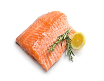 Raw salmon fillet with lemon and rosemary on white background