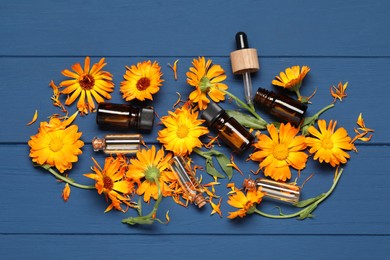 Bottles of essential oils and beautiful calendula flowers on blue wooden table, flat lay