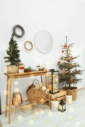 Christmas trees and different festive decor indoors