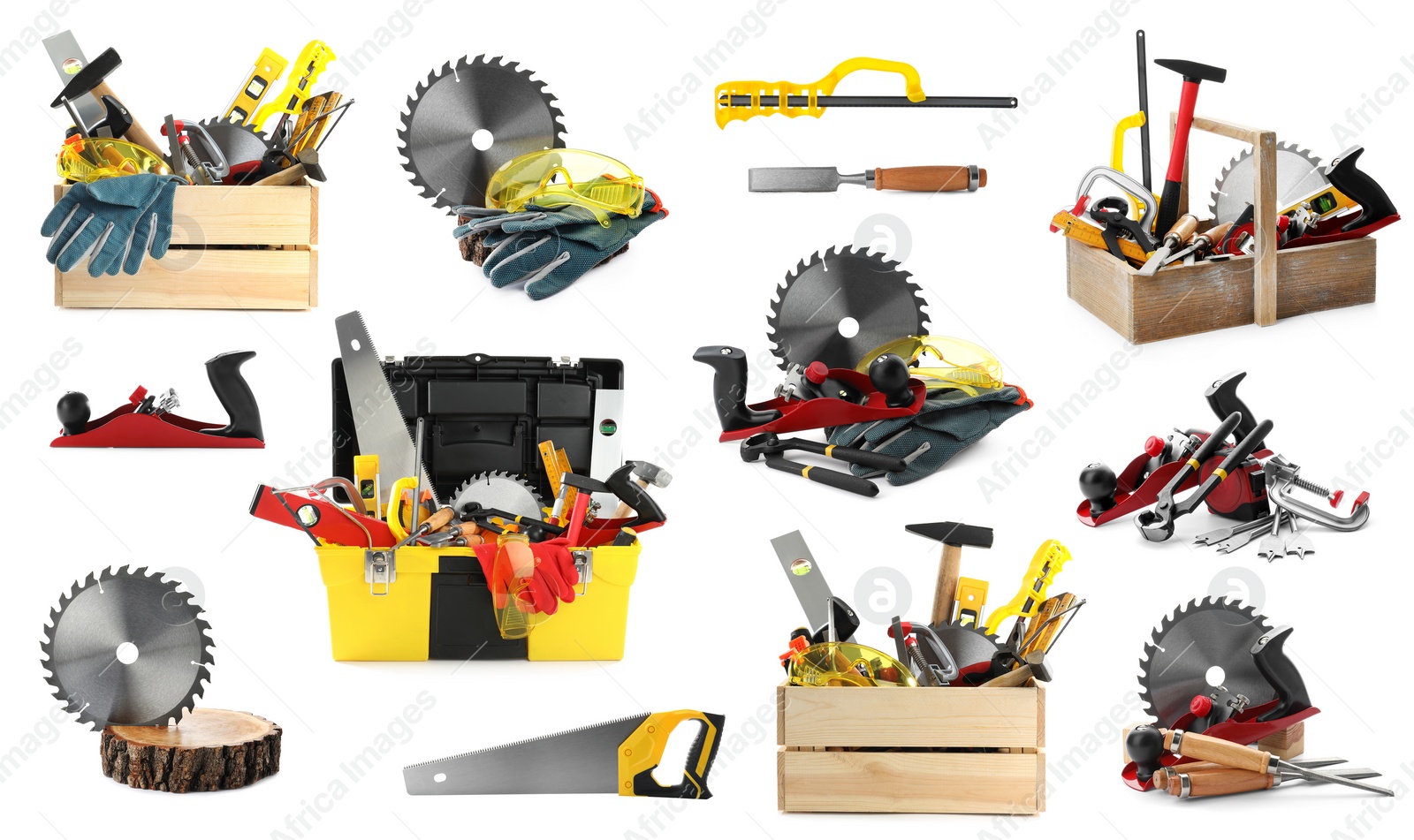 Image of Collage with different modern carpenter's tools on white background