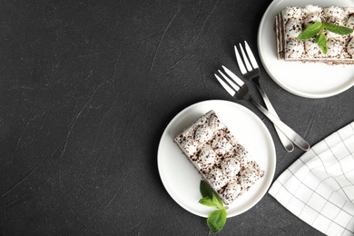 Photo of Flat lay composition with tiramisu cakes on table, space for text