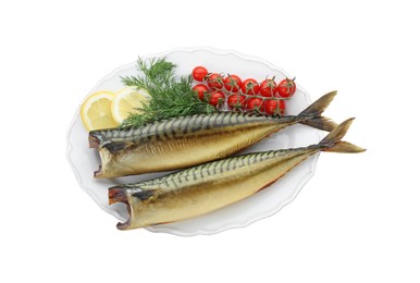 Photo of Delicious smoked mackerels and products on white background, top view