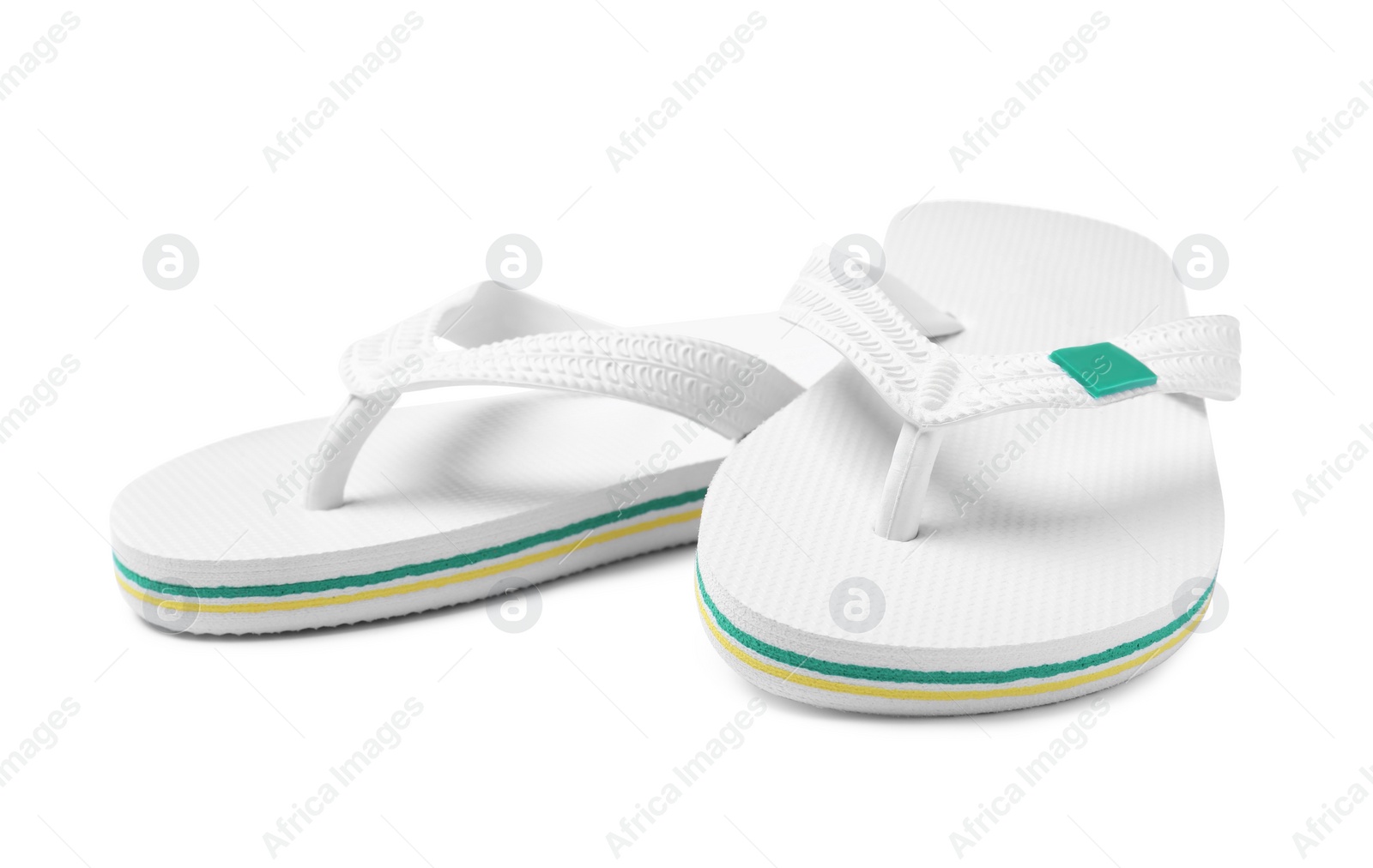 Photo of Pair of stylish flip flops isolated on white