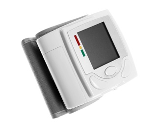 Digital blood pressure monitor on white background. Cardiology equipment