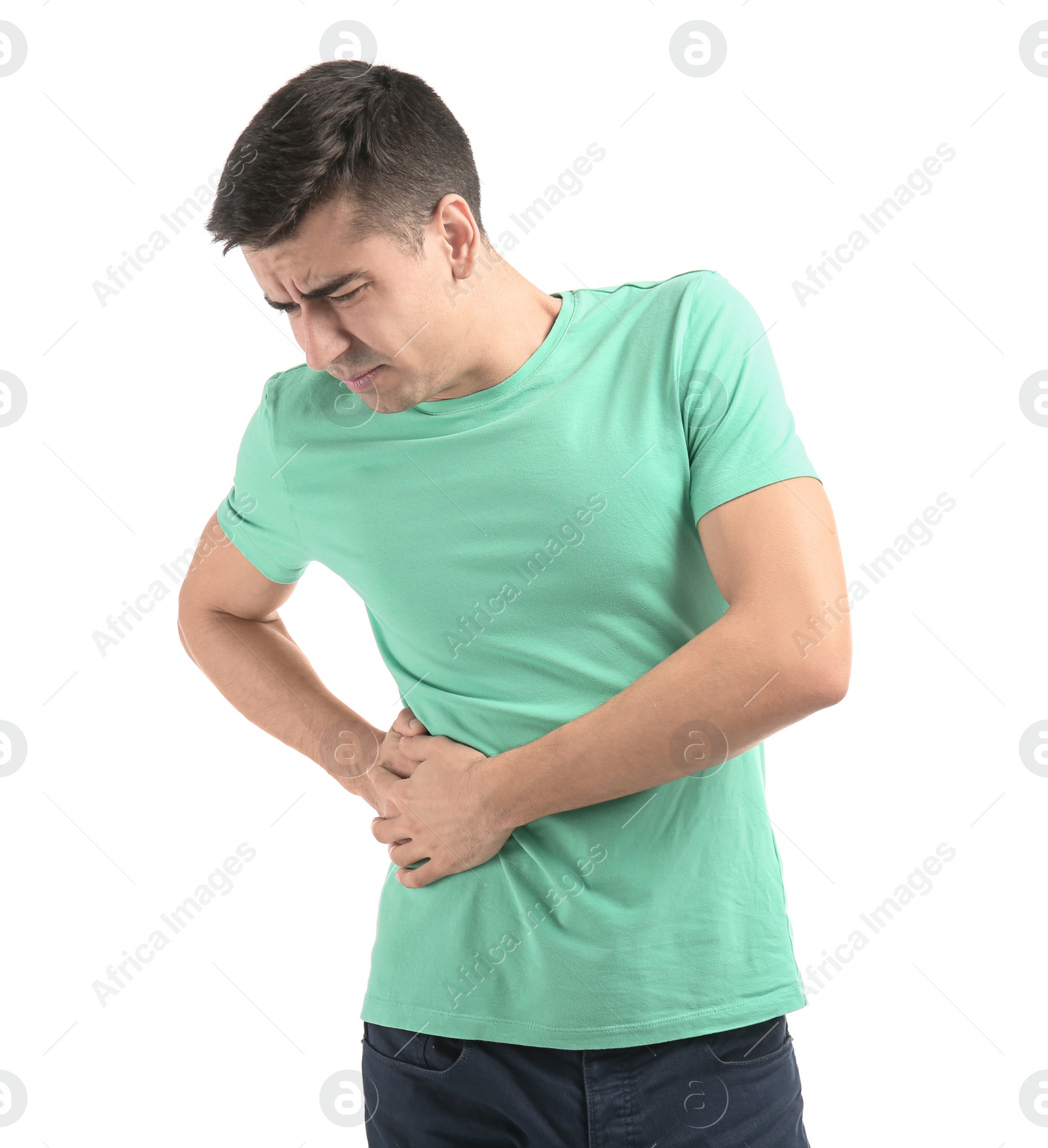 Photo of Man suffering from flank pain on white background