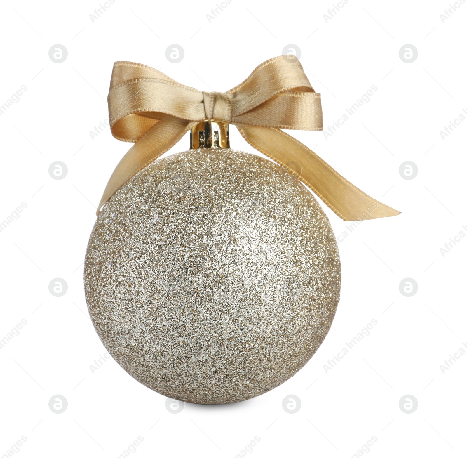 Photo of Beautiful golden Christmas ball with ribbon isolated on white