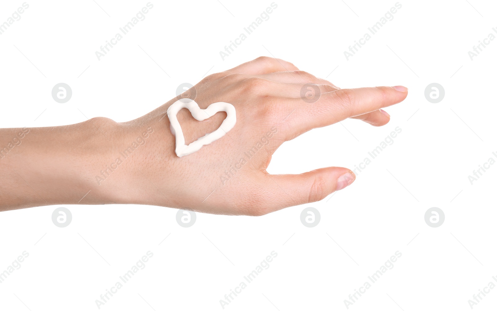 Photo of Young woman applying hand cream against on white background