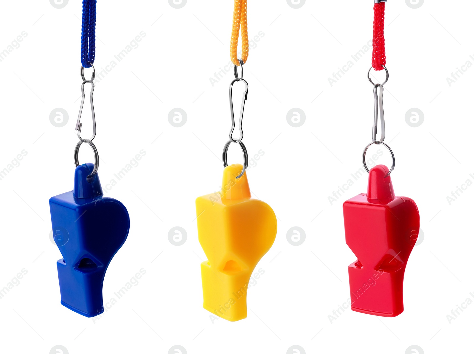 Image of Different colourful whistles with cords isolated on white, set