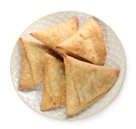 Fresh delicious crispy samosas on white background, top view