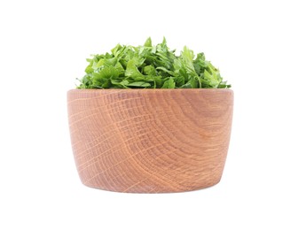 Photo of Chopped parsley leaves in wooden bowl isolated on white