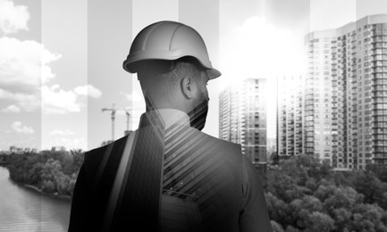 Image of Engineer in hard hat and cityscapes, multiple exposure. Banner design with black and white effect
