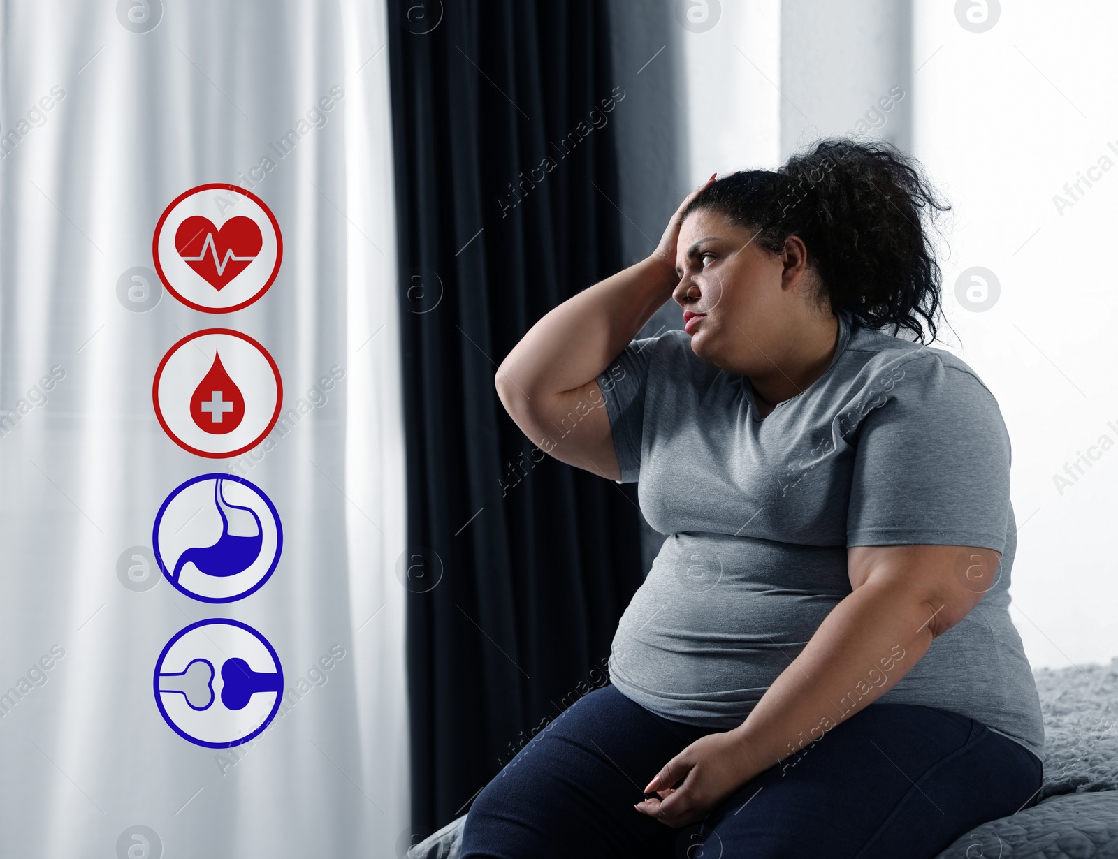 Image of Virtual icons demonstrating different health problems and overweight woman on bed at home